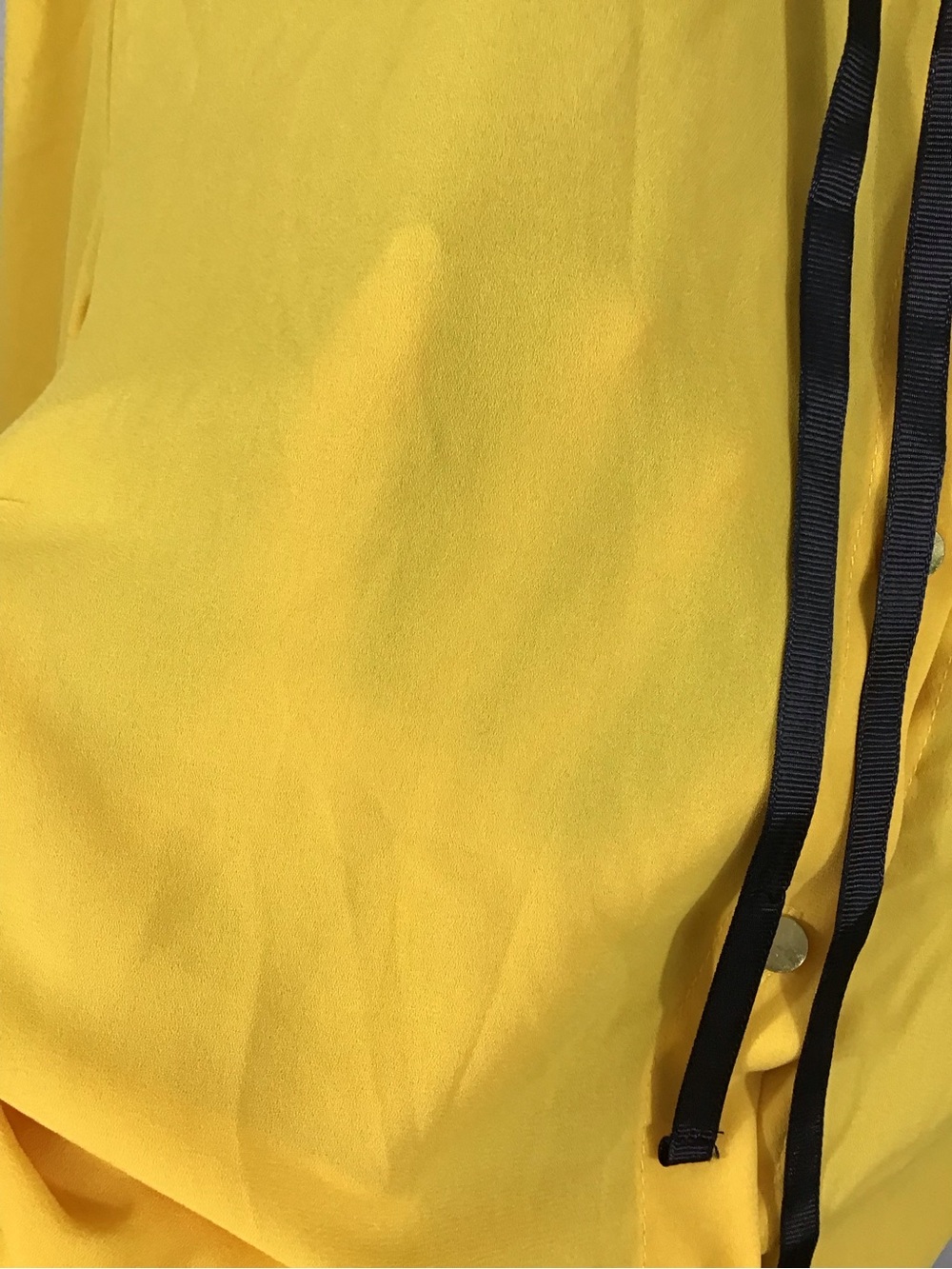 Bright Yellow High Neck Black Ribbon Tie Ruffle Collar 3/4 Sleeve Chiffon Blouse - Picture 9 of 12